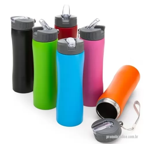 Garrafa de metal personalizada - Squeeze em aço inox 600ml com tampa rosqueável plástica e bico transparente de acionamento manual. Acompanha alça de nylon para transporte