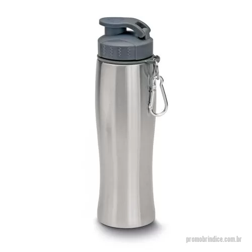 Garrafa de metal personalizada - Garrafa de aço inox com capacidade de até 750 ml. Tampa rosqueável com anel de silicone. Bico com tampa para melhor segurança. Possui alça em formato de mosquetão.