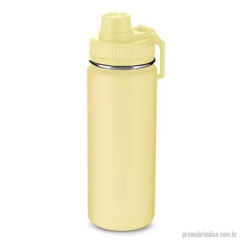 Garrafa de metal personalizada - Garrafa em aço inox com capacidade de até 780 ml. Tampa rosqueável com anel de silicone, alça plástica em formato de mosquetão e bico rosqueável para fácil acesso. Design com frisos na tampa e pintura pó.