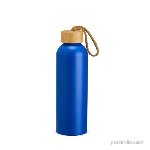 Garrafa de metal personalizada - Garrafa em alumínio com capacidade máxima de 800ml. Possui pintura em spray de acabamento fosco, tampa rosqueável em bambu com interior em plástico e alça fixa em algodão.
