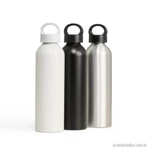 Garrafa de metal personalizada - Garrafa em alumínio com capacidade máxima de 630ml. Possui acabamento fosco com brilho de efeito cintilante e revestimento plástico no bocal. Conta com tampa rosqueável em plástico com alça fixa.