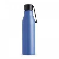 Garrafa inox 800ml com pintura colorida. Possui tampa rosqueável com alça para transporte.