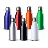 Garrafa em alumínio com capacidade 500ml. Tampa rosqueável em inox com anel de silicone.