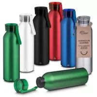 Garrafa em alumínio reciclável com capacidade 600ml. Tampa rosqueável em plástico e alça de transporte emborrachada.