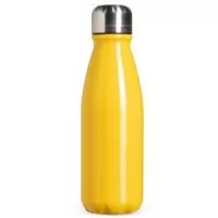 Garrafa em alumínio com tampa rosqueável e capacidade para até 550ml.
