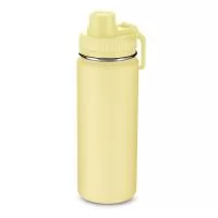 Garrafa em aço inox com capacidade de até 780 ml. Tampa rosqueável com anel de silicone, alça plástica em formato de mosquetão e bico rosqueável para fácil acesso. Design com frisos na tampa e pintura pó.