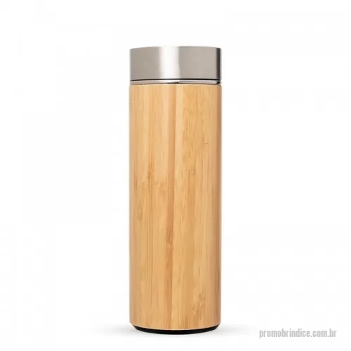Garrafa personalizada - Garrafa em bambu e aço inox com parede dupla de 400 ml, conserva temperatura quente ou fria com infusor. Dimensão Produto: 20,5X ø8cmm