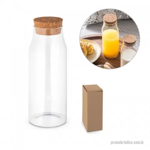 Garrafa personalizada - Squeeze em vidro borosilicato com tampa de cortiça. Capacidade até 1L. Food grade. Fornecido em caixa presente de papel craft. ø83 x 215 mm