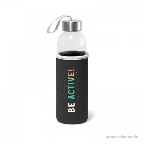 Garrafa personalizada - Squeeze em vidro e aço inox com alça na tampa para facilitar o transporte. Capacidade até 520 mL. Fornecido com luva em soft shell. Certificação EU Food Grade. Caixa branca 94651 vendida opcionalmente. ø65 x 225 mm