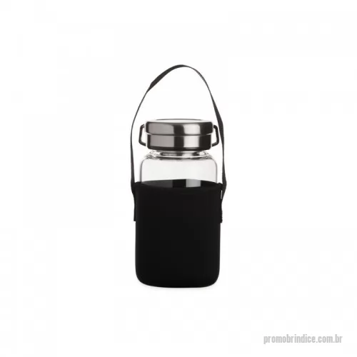 Garrafa personalizada - Garrafa de vidro borossilicato com capacidade de 650ml, acompanha peneira infusora e capa de neoprene com alça para transporte. Tampa de alumínio com alça para transporte.