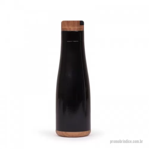 Garrafa personalizada - Garrafa de Inox 730ml com detalhes plásticos imitando de madeira, possui tampa rosqueável com alça retrátil emborrachada.