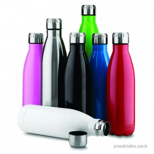 Garrafa personalizada - Garrafa em aço inox com capacidade de até 750 ml. Tampa rosqueável e anel de silicone para vedação. Design com frisos na tampa.
