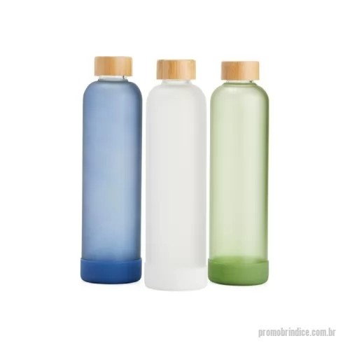 Garrafa personalizada - Garrafa de vidro borossilicato com capacidade de 1 litro. Contém tampa de bambu e base de silicone anti-impacto (removível).