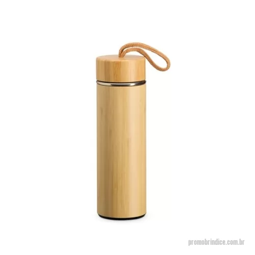 Garrafa personalizada - Garrafa térmica de bambu e inox 400 ml e infusor de metal. Contém tampa rosqueável de bambu e alça de tecido embutida.