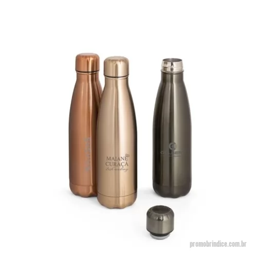 Garrafa personalizada - Garrafa em aço inox de parede dupla térmica, isolada a vácuo. Garrafa com acabamento metalizado e tampa em aço inox. Todas as componentes da garrafa - tampa, corpo e base - na mesma cor. Capacidade até 510 mL. Fornecido em caixa presente de papel kraft.