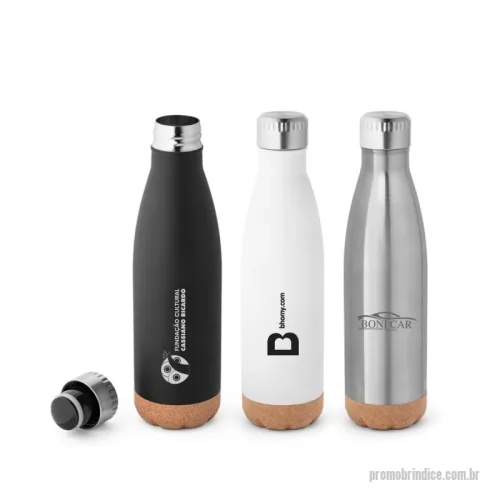Garrafa personalizada - Squeeze em aço inox e base em cortiça com parede dupla com isolamento a vácuo. Mantém as bebidas quentes por 8h e frias por 24h. Tem capacidade até 560 ml. 