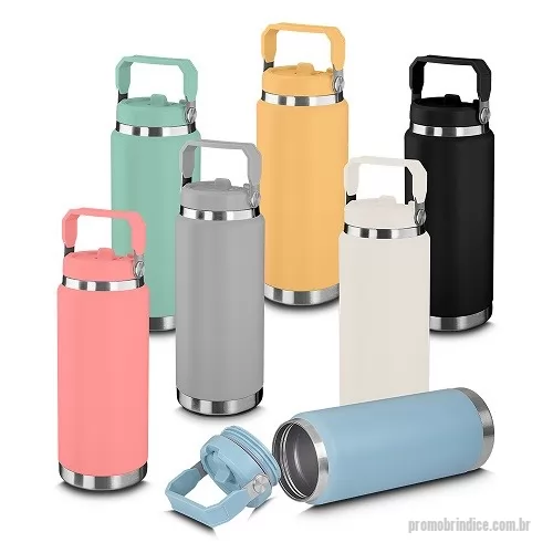 Garrafa personalizada - Garrafa térmica em aço inox com parede dupla com capacidade de até 900ml,tampa rosqueável com alça em plástico, permite-se hidratar por canudo ou bico, com e anel de silicone para vedação.