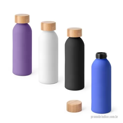Garrafa personalizada - Squeeze em alumínio com acabamento emborrachado e tampa em bambu. Capacidade até 550 mL.