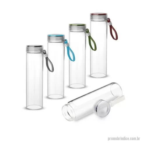 Garrafa personalizada - Garrafa em vidro borossilicato com capacidade de 400ml. Alça de transporte em silicone. Tampa de plástico rosqueável com anel de silicone.