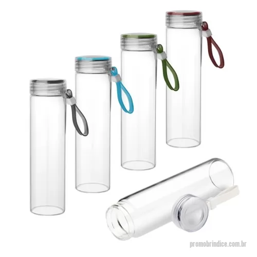 Garrafa personalizada - Garrafa em vidro borossilicato com capacidade de 400ml. Alça de transporte em silicone. Tampa de plástico rosqueável com anel de silicone.