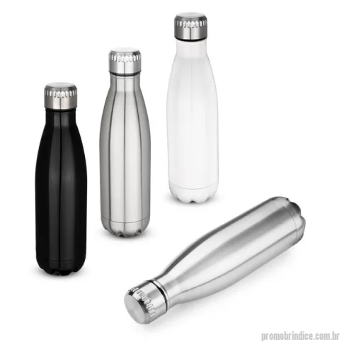 Garrafa personalizada - Garrafa em aço inox 304 com capacidade de até 700 ml. Tampa rosqueável e anel de silicone para vedação. Design com frisos na tampa.