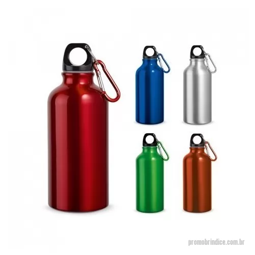 Garrafa personalizada - Squeeze esportiva em alumínio com acabamento metálico brilhante, com mosquetão para facilitar o transporte. Capacidade até 400 mL. Caixa branca 94656 vendida opcionalmente. Certificação EU Food Grade.
