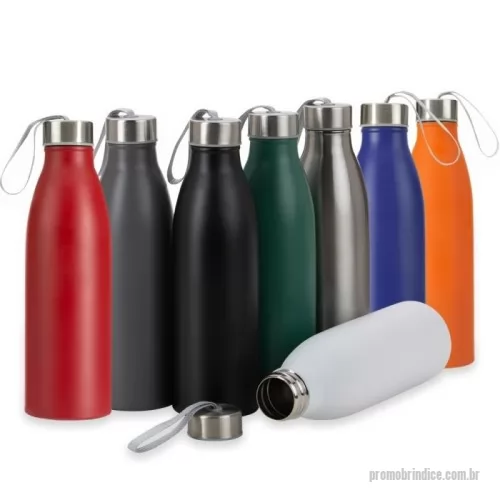 Garrafa personalizada - Descrição: Garrafa em inox com a capacidade total para até 750ml. Conta com tampa rosqueável e alça fixa em nylon para transporte.  Altura :  24,7 cm  Largura :  7,2 cm  Circunferência :  22,6 cm
