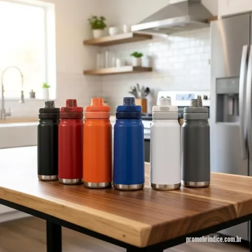 Garrafa personalizada - Garrafa térmica em inox com base emborrachada antiderrapante e capacidade máxima de 750ml. Possui estrutura de parede dupla e isolamento a vácuo, permitindo conservar a temperatura de líquidos por mais tempo. Dispõe ainda de tampa plástica com alça móvel e protetor para o bocal acionado por botão. Acompanha um canudo plástico para encaixe no interior da garrafa.