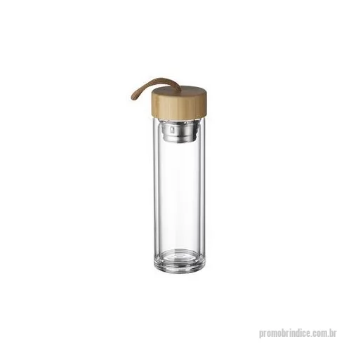 Garrafa personalizada - Garrafa de vidro 360 ml com parede dupla e infusor de metal. Contém tampa rosqueavel de bambu e alça de tecido embutida. Altura : 23 cm Largura : 6,9 cm Circunferência : 21 cm Peso aproximado g : 435