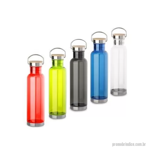 Garrafa personalizada - Garrafa plástica com tampa de aço inoxidável com detalhe na tampa em bambu. Tampa rosqueável. Com capacidade de até 800ml.