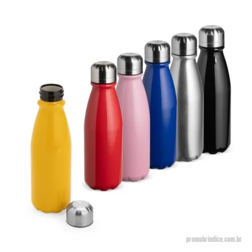 Garrafa personalizada - Garrafa em alumínio com capacidade máxima de 550ml. Possui acabamento em verniz transparente e tampa rosqueável em alumínio com interior em plástico.