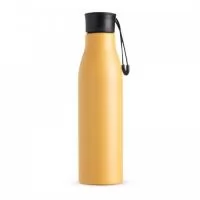 Garrafa inox 800ml com pintura colorida. Possui tampa rosqueável com alça para transporte.