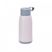 Garrafa de vidro 350ml com revestimento plástico, tampa plástica com alça de silicone.