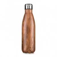 Garrafa 750ml em inox com tampa rosqueável e pintura com simulação de madeira. Obs.: Não é um modelo térmico.