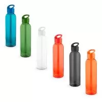 Squeeze em vidro e tampa em PP, com argola para fácil transporte. Capacidade até 500 mL. Fornecido em caixa presente. Certificação EU Food Grade. Ø60 x 245 mm