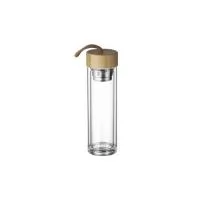 Garrafa de vidro 360 ml com parede dupla e infusor de metal. Contém tampa rosqueavel de bambu e alça de tecido embutida. Altura : 23 cm Largura : 6,9 cm Circunferência : 21 cm Peso aproximado g : 435