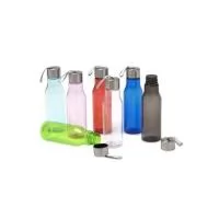 Garrafa plástica 600ml com tampa de alumínio e alça de nylon embutida.