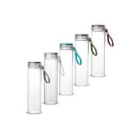 Garrafa em vidro borossilicato com alça em silicone e tampa rosqueável, com capacidade de até 400ml.