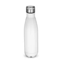 Garrafa em aço inox 304 com capacidade de até 700 ml. Tampa rosqueável e anel de silicone para vedação. Design com frisos na tampa.