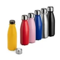 Garrafa em alumínio com capacidade máxima de 550ml. Possui acabamento em verniz transparente e tampa rosqueável em alumínio com interior em plástico.