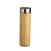 Garrafa de bambu e inox térmica 500ml com parede dupla e infusor. Conserva temperatura quente ou fria.