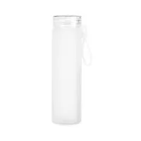 Garrafa de vidro jateado bicolor, capacidade de 470ml. Contém alça de silicone.