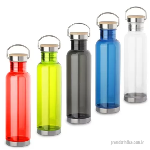 Garrafa Plástica personalizada - Garrafa plástica com tampa de aço inoxidável com detalhe na tampa em bambu. Tampa rosqueável. Com capacidade de até 800ml.