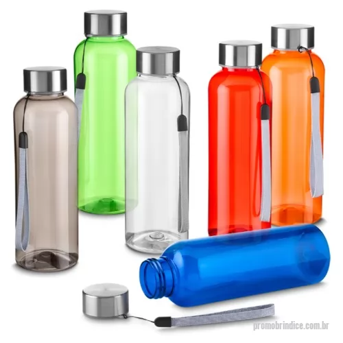 Garrafa Plástica personalizada - Garrafa *RPET com capacidade de até 600ml. Alça de transporte em cordão e tampa rosqueável de metal.  *RPET: Tereftalato de polietileno reciclado