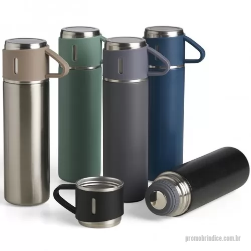 Garrafa térmica personalizada - Garrafa térmica 450ml em inox com tampa que pode ser utilizada como caneca, tampa interna em plástico resistente (basta um clique para abrir ou fechar), base com borracha antiderrapante.