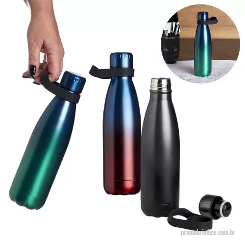 Garrafa térmica personalizada - Garrafa Térmica Inovut - 510ml. Em aço inoxidável com parede dupla, tampa com vedação à prova de vazamento, alça em silicone para transporte, pode ser lavada em lava-louças, conserva gelado até 24 horas e quente até 12 horas. Gravação Laser e Silkscreen. Tamanho 25,5x6,5(Diam.) cm.