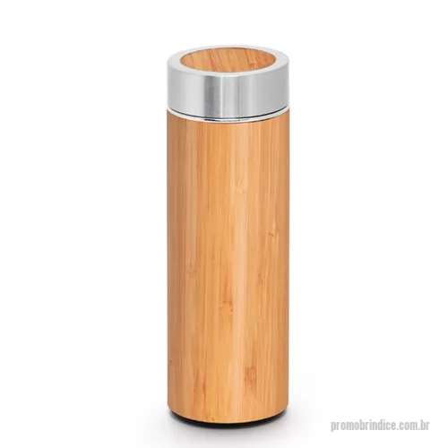 Garrafa térmica personalizada - Com capacidade de 430 ml a garrafa térmica grande personalizada é fabricada em aço inox com bambu. Ela possui ótimo acabamento, infusor para chá e conta com área nobre para a personalização da logomarca de empresas