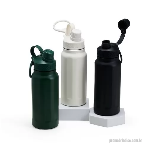 Garrafa térmica personalizada - Garrafa Térmica em Inox com capacidade de 1L e tampa rosqueável, tampa interna em plástico resistente(basta um clique para abrir ou fechar). Acompanha capa protetora de couro sintético com alça em nylon e detalhe vermelho.