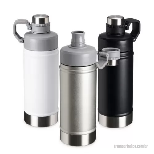 Garrafa térmica personalizada - Garrafa térmica de parede dupla em inox, capacidade de 500ml. Tampa principal com bocal e tampa protetora com alça de transporte acoplada.