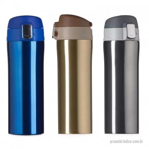 Garrafa térmica personalizada - Garrafa térmica com capacidade até 350ml com sistema de trava. Material metálico com revestimento interno em inox, possui tampa plástica fosca com borracha interna para vedação evitando o vazamento de líquido e prezando sua temperatura; possui botão central para abertura e trava lateral(basta seguir a orientação dos desenhos de cadeados simulando o travamento/destravamento da tampa).  A Garrafa Térmica 350ml  possui várias cores e é um produto fantástico para divulgar a sua Marca e Fidelizar o seu Cliente.
